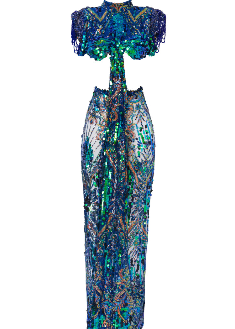 LAHO Královsky modré ornamentální šaty s kameny