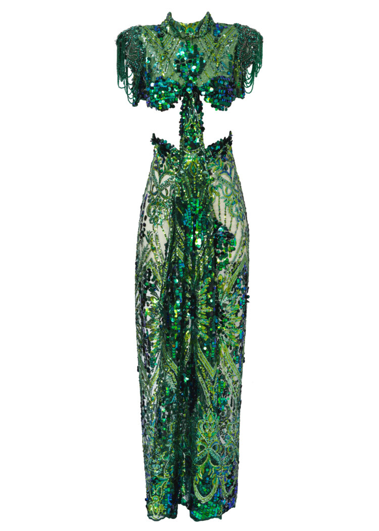 LAHO Green Ornamental Dress with Rhinestones