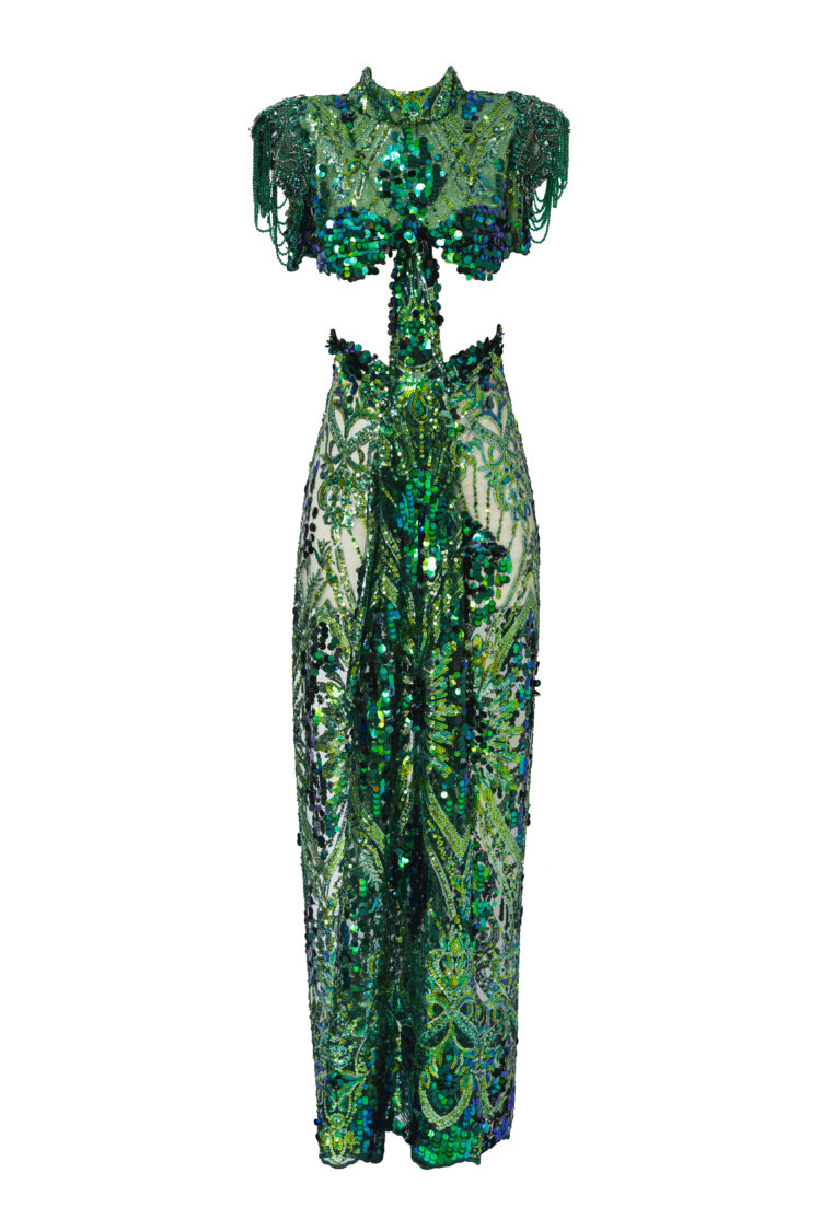LAHO Green Ornamental Dress with Rhinestones